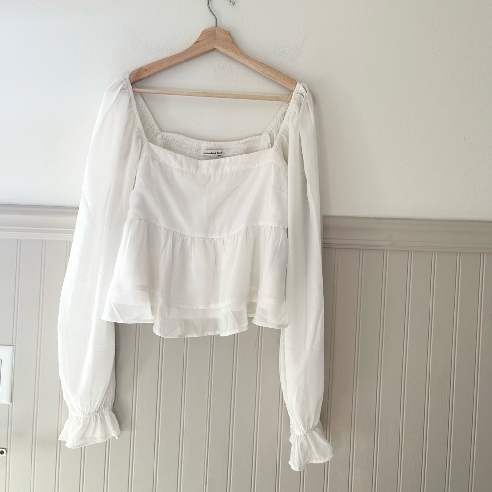 Abercrombie & Fitch White Peasant-Sleeve Square Neck Blouse
